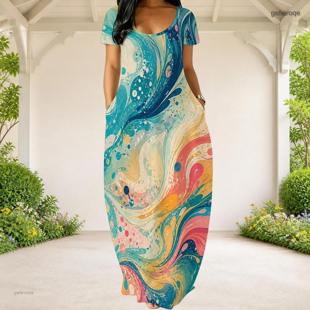 Women Plus Size Round Neck Short Sleeve Black Gold Swirl Printed Loose Dress With Side Pockets