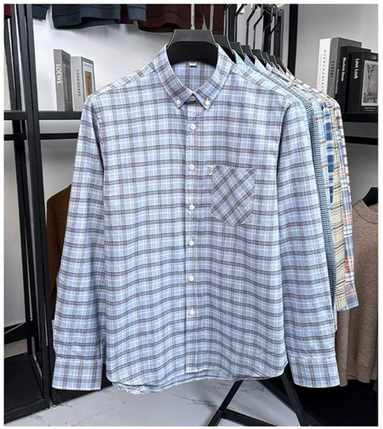 Herr Premium Långärmad Rutig Bomullsskjorta: Nedvikt krage, Vår/Höst Business Casual