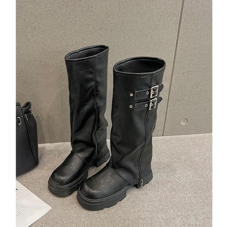 French Retro Thick-soled Knee Boots 2025 New Round Head Versatile Pleated Thick Heel Stacked Pants Tube Boots Women