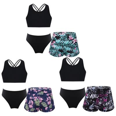 Girls Kids Tankini Set Sports Swimsuit Vest Top with Shorts And Briefs Dance Gymnastics Bathing Clothing