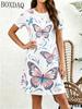 Butterfly Print Women's Summer Round Neck Short Sleeved Elegant and Fashionable Pullover A-line Dress Suitable for Afternoon Tea