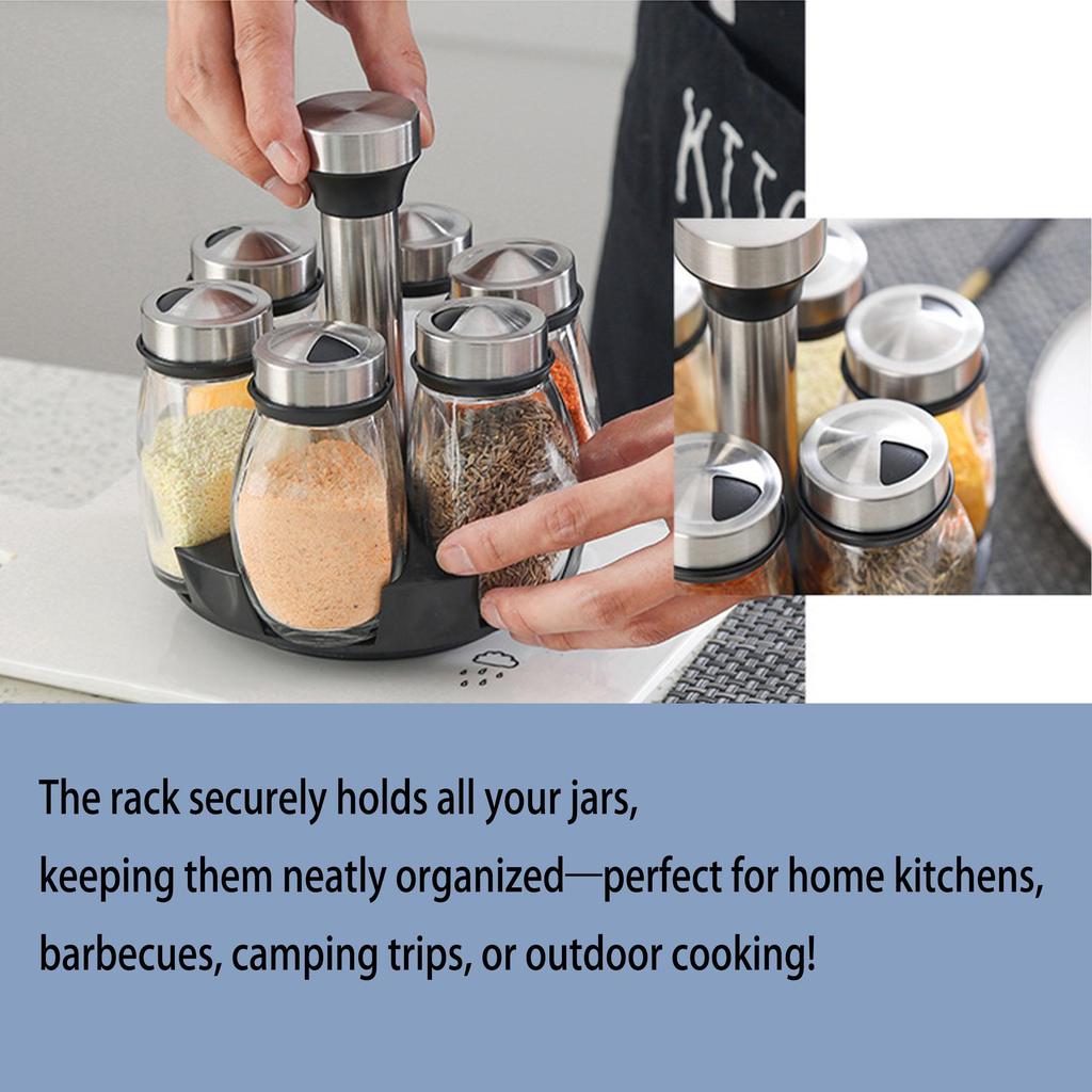 Rotating Spice Rack Set - 360° Revolving Glass Seasoning Jars with Stainless Steel Lids Food-Safe Lead-Free Glass for Kitchen Countertop, BBQ, Camping