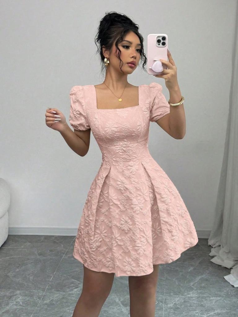 Summer Slim Fit Women's Elegant Lace Solid Color Bubble Sleeve Square Neck A-Line Dress