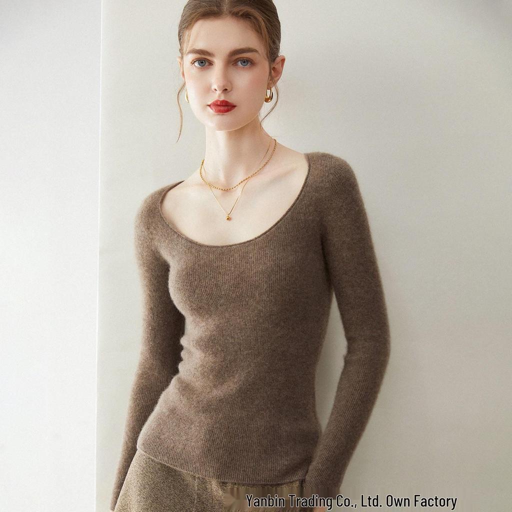 Women's Pure Cashmere U-Neck Slimming Pullover Sweater, Warm Long-Sleeved Knitted Base Layer