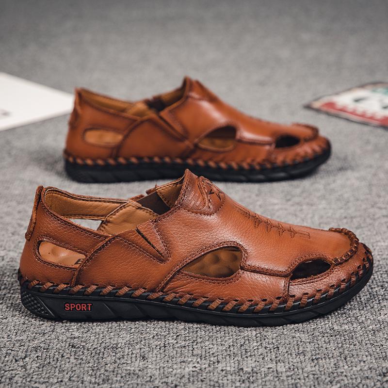 

Летние мужские повседневные кожаные сандалии Мягкие и универсальные Нескользящие пляжные сандалии Мужская обувь 44 светло-коричневого