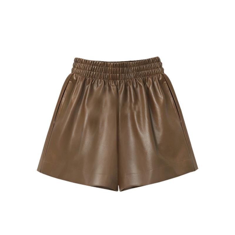 

Elastic Waisted Leather High-waisted A-line Slimming Loose Wide-leg Leather Shorts