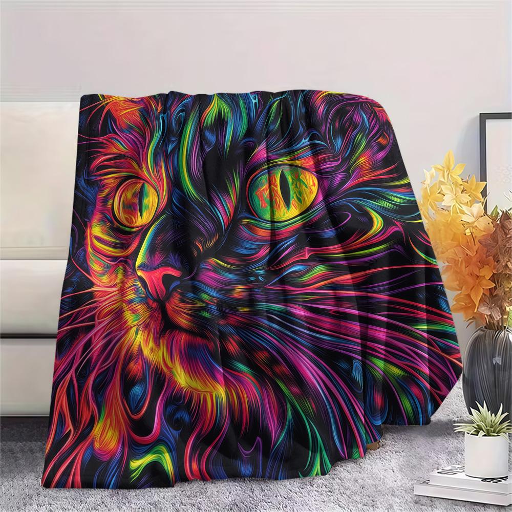Neon Cats  Print Flannel Blanket, High quality Comfortable for All Seasons, Home Decor, Warmth and Comfort