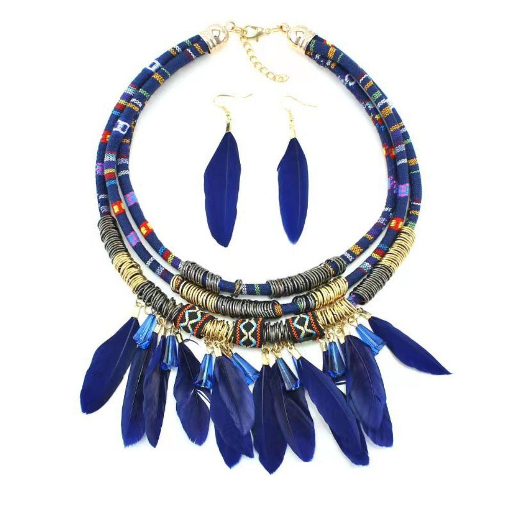 Metal Ethnic Necklace Hand Woven Necklace Earrings Set Vintage Feather Choker  Women