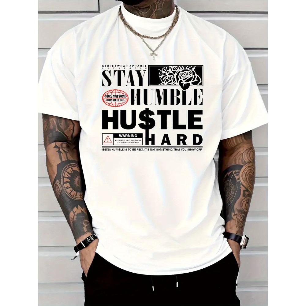 Europäische Größen Herren Inspirierendes T-Shirt - Bleib bescheiden, arbeite hart Musterdruck, Kurzarm, Rundhals - Atmungsaktiv und waschbar - Fitnessstudio Outdoor-Aktivitäten
