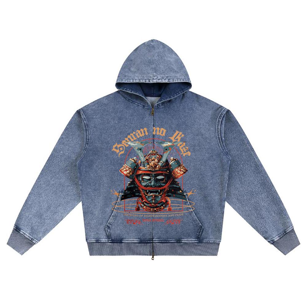 DTG print Knitted Denim Zip-Up Hoodie Japan Samurai Brother Print Zipper Hoodies  