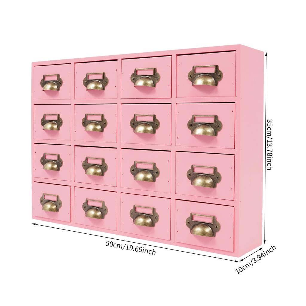 16-Compartment Drawer Storage Cabinet – Vintage Pink Solid Wood Desktop Organizer – 22 lbs Load Capacity