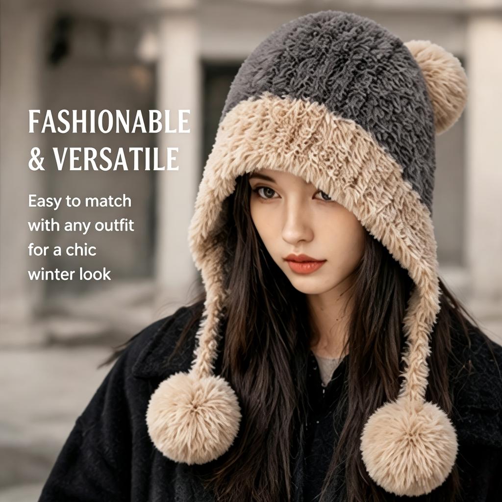 1pc Women'S Winter Pom-Pom Ear Flap Beanies, Fleece-Lined Thick Hats, Stretchy Large Head Circumference Windproof Hats for Cycling And Outdoor Use