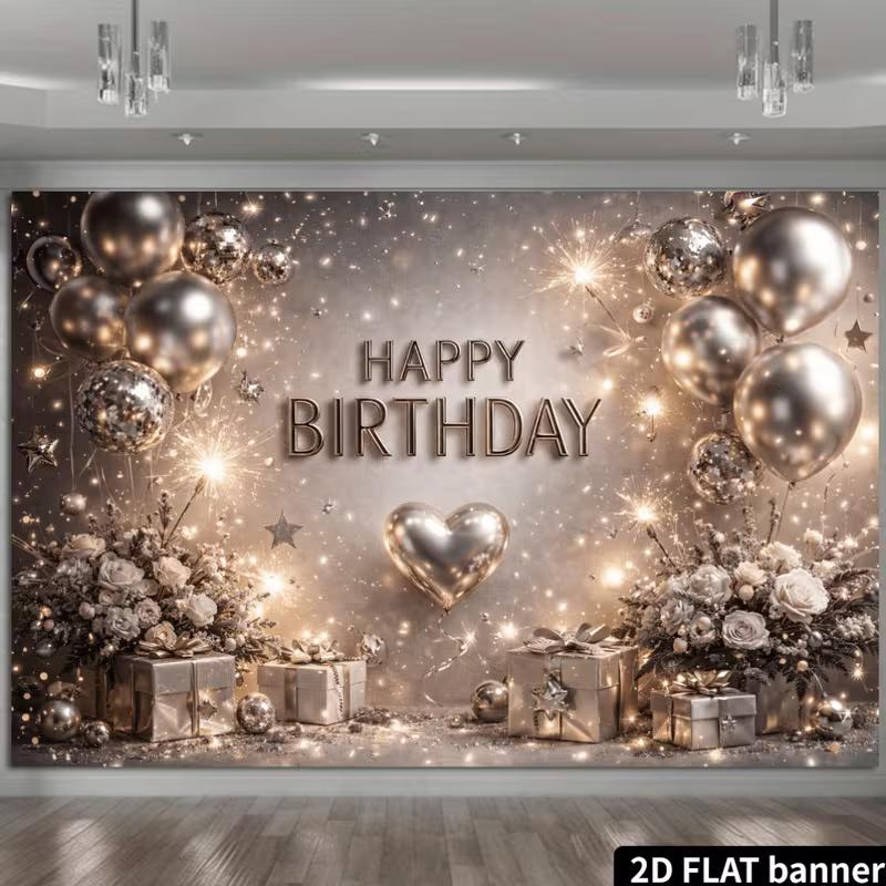 2D Happy Birthday Silber Glitzer Ballon Hintergrund Banner Party Foto Hintergrund