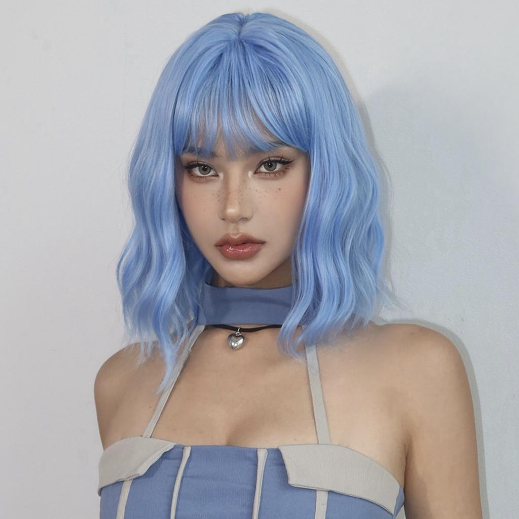Parrucche Sintetiche Blu Bob Ricci Ondulate con Frangia Corte Colorate Blu Parrucca Cosplay per Donne Uso Quotidiano Lolita Capelli Naturali Resistenti al Calore