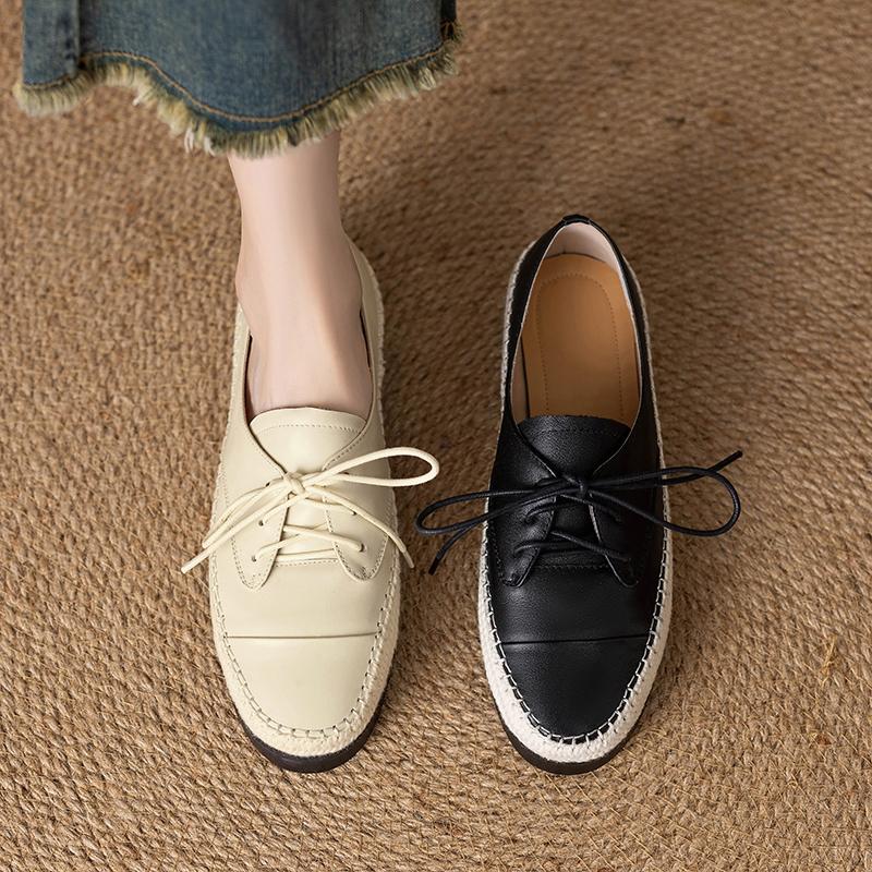 Fashion Women's new leather cowhide lace up woven fabric round toe low heel comfortable plus size single shoe casual shoes