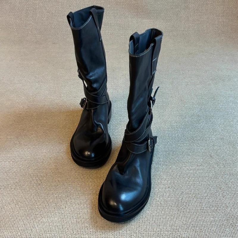 Cowhide Edition~ Retro Belt Buckle Medium Boots Thick-soled Western Cowboy Boots Skinny Fried Street Short Boots Female Knight Boots