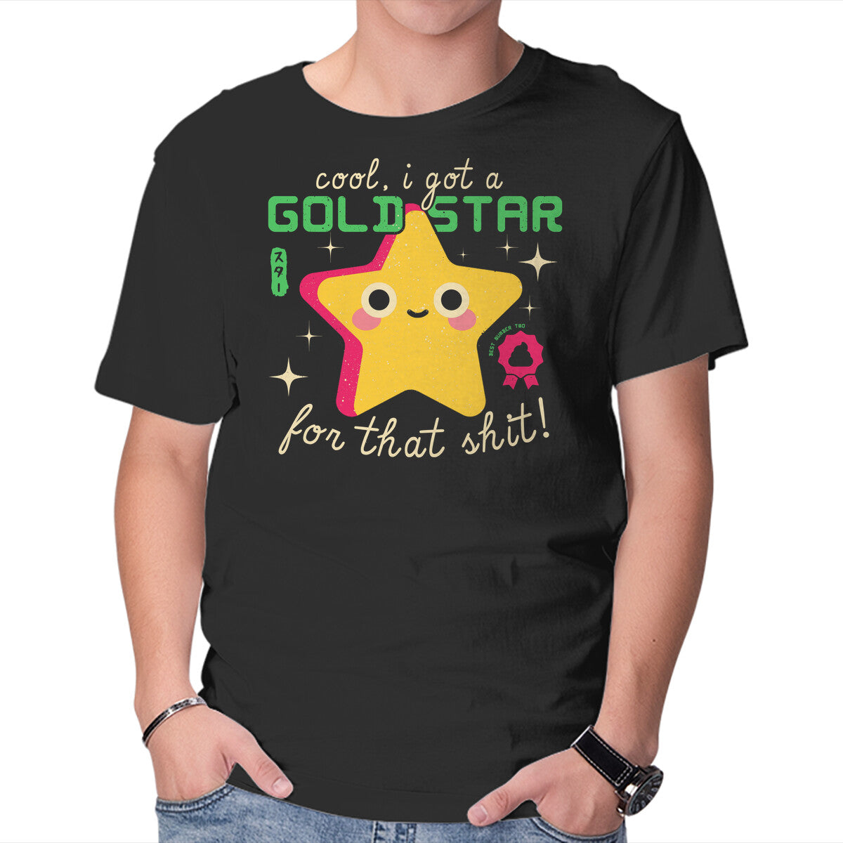 Unisex Crew Neck T-Shirt Golden Star Graphic Short Sleeve Casual Tee L