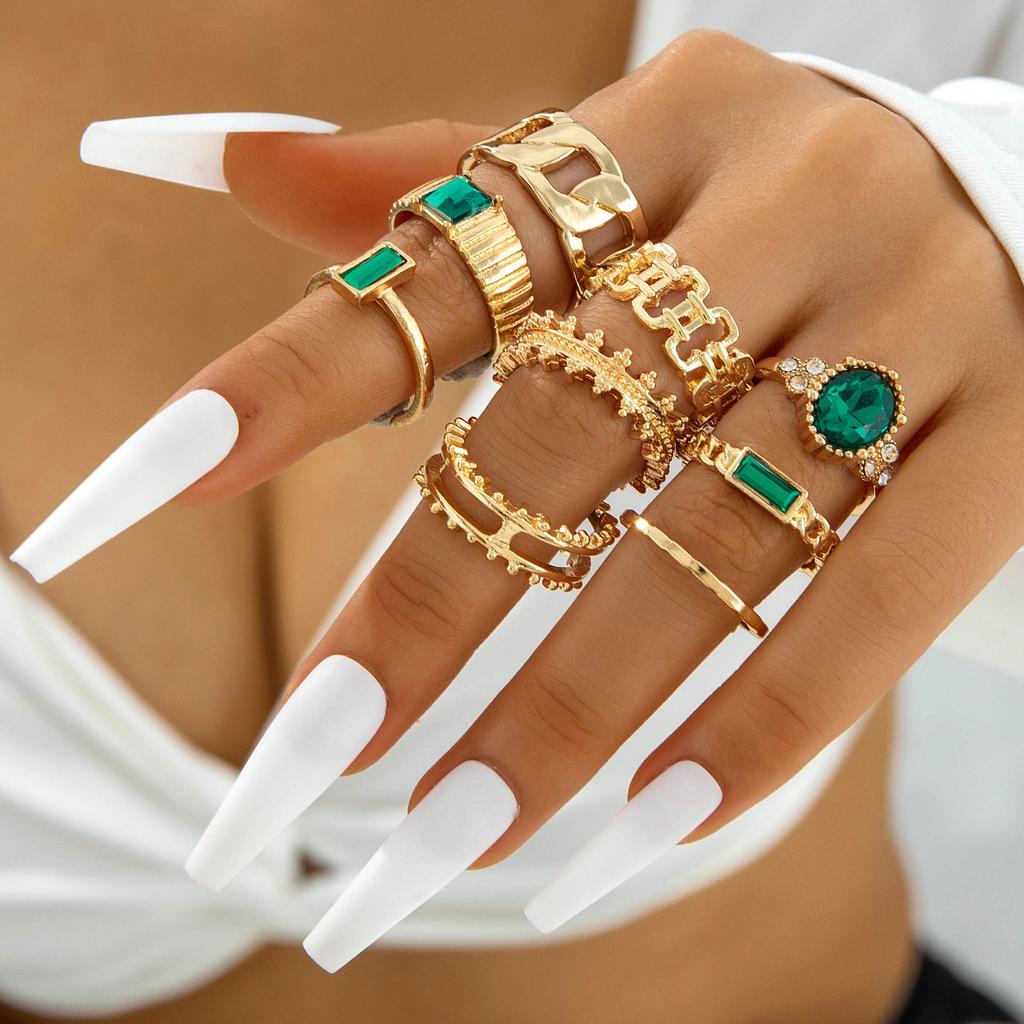 Accessories, Vintage Metal Imitation Emerald Diamond Set Love Snake Multi-piece Ring Set