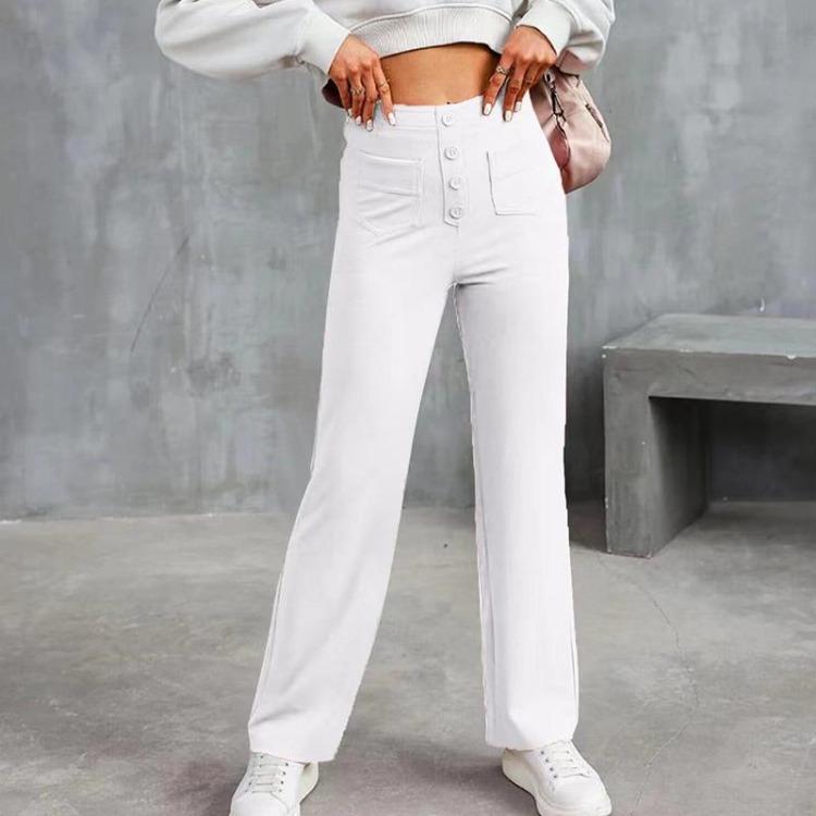 New Women High Waist Casual Straight Pants with Pockets European American Fashion Elastic Waist Button