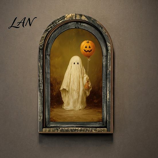 Decorative Halloween Desktop Accents Arched Wooden Wall Hanging Plaque, Double-Layer Distressed Ghost Cat Ornament, Rustic Tabletop Signs Gothic