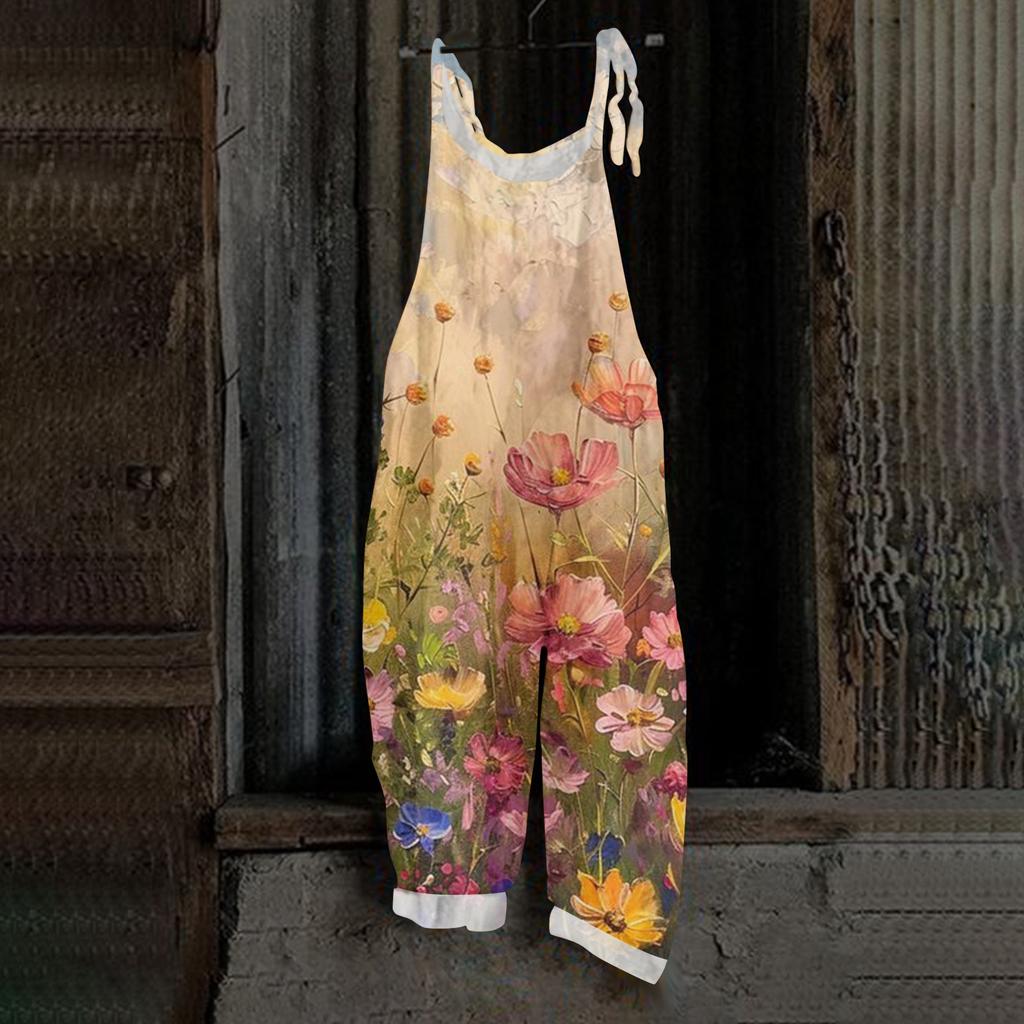 Women's Retro Printed Casual Loose, Retro Overalls Cotton And Linen One,piece Pants