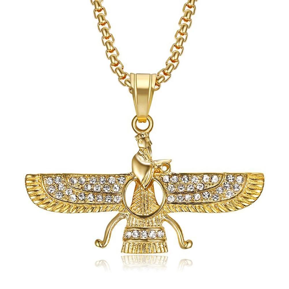 

Drop shipping Hip Hop Iced Out Faravahar Ahura Pendant Necklace Gold Color Stainless Steel Zoroastrian Pendant Iranian Jewelry 50cm