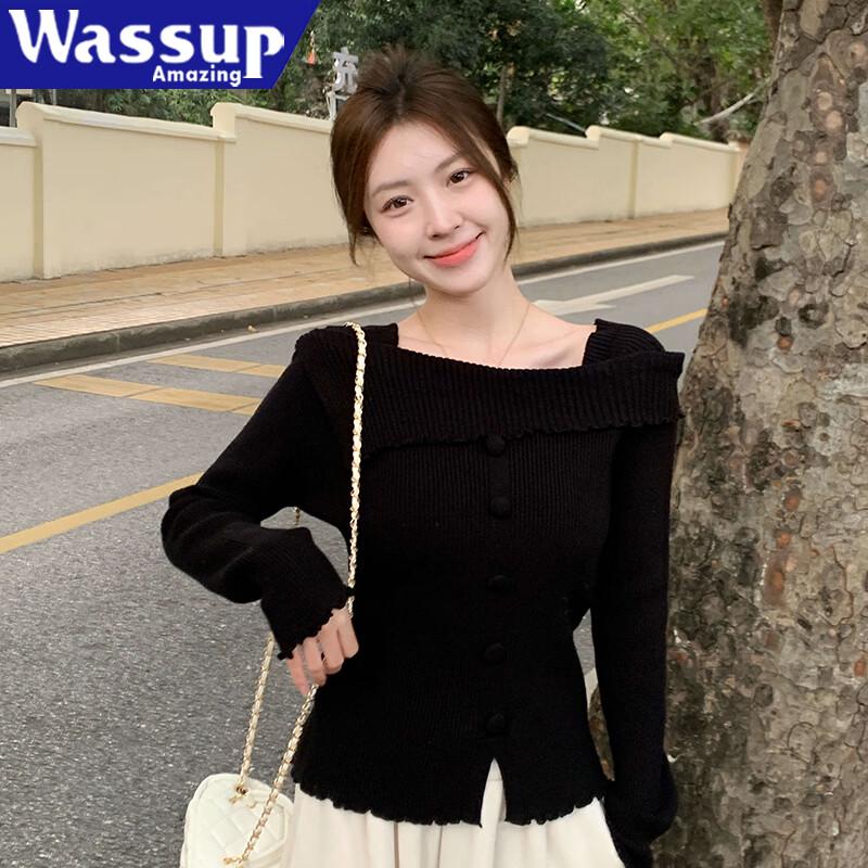 WASSUP AMAZING Women's Slim Fit Off-Shoulder Button-Up Knit Top
