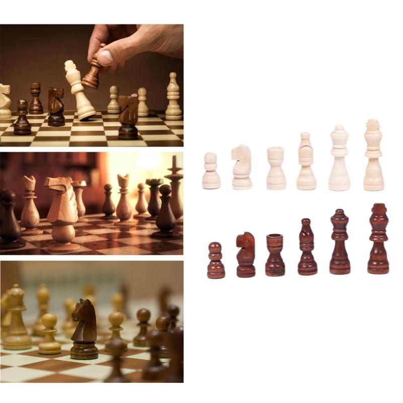 32Pcs Hand Carved Wood Chess Pieces Portable Tournament Chessmen International Chess Figures for Chess Board Game