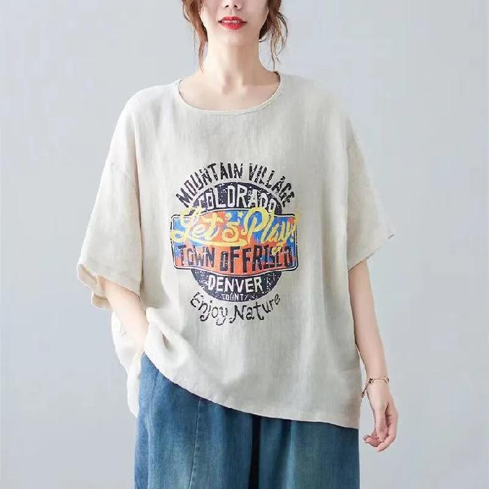 Women Summer Artistic Loose Ancient Print Round Neck Short Sleeved Top T-shirt 3XL