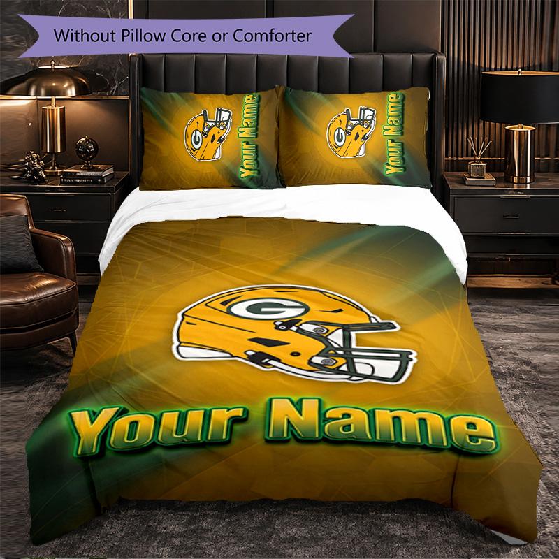 Green Bay Packers Customized Name Text Bedding Set, 1 Duvet Cover & 2 Pillowcases Personalized Bedroom Gift