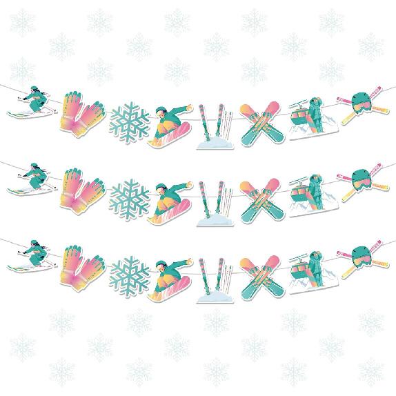 Ski Birthday Party Decorations, 3PCS Winter Apres Ski Pre Strung Banners Decorations, Skiing Snowboard Banner Decor for Skier Themed Baby Shower