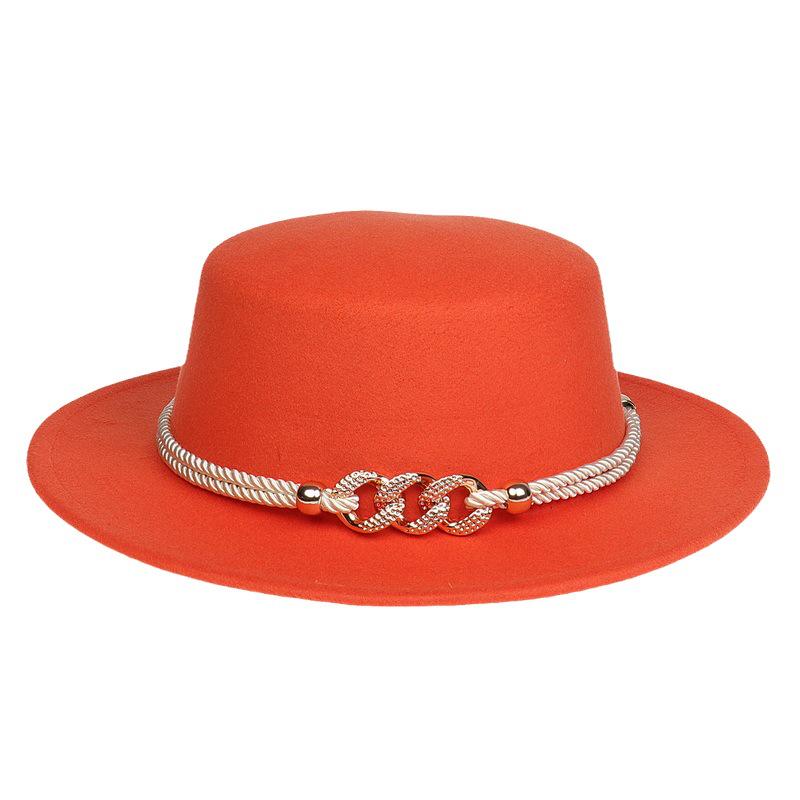 Women's Wool Felt Flat Top Fedora Hat - French Autumn/Winter Retro Style with Chain