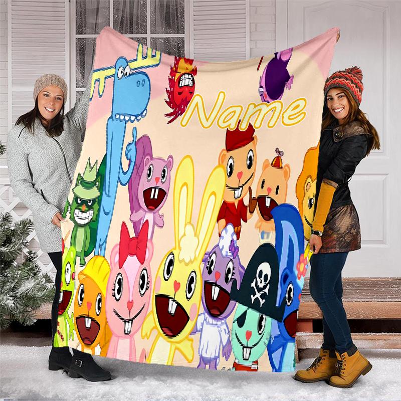Personalisierte Decke mit individuellem Namen - Happy Tree Friends Druckdesign, Decke für Sofa, Bett, Reisen, Camping - Weich und Warm, Tolles Geschenk
