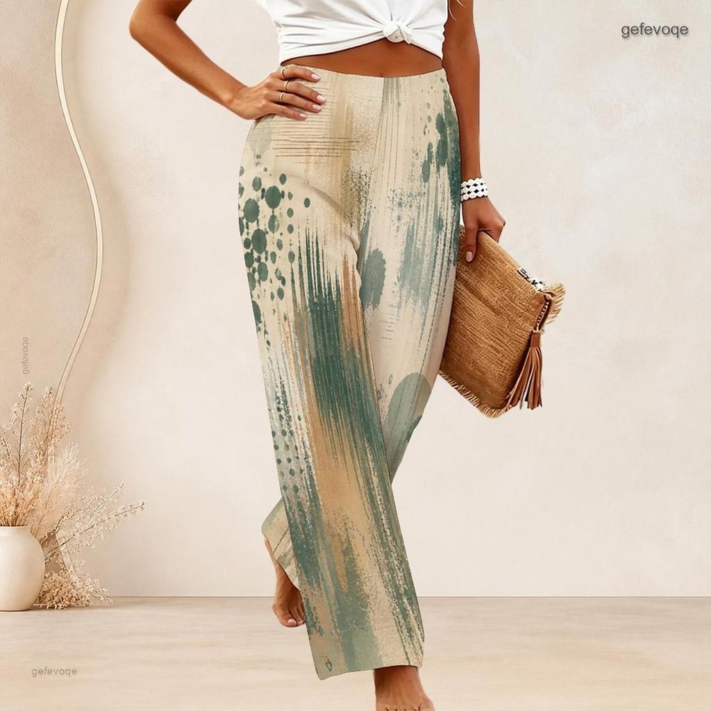 Women High Waist Wide Leg Pants Abstract Geometric Fan Scale Print Loose Casual Long Trousers For Daily Wear