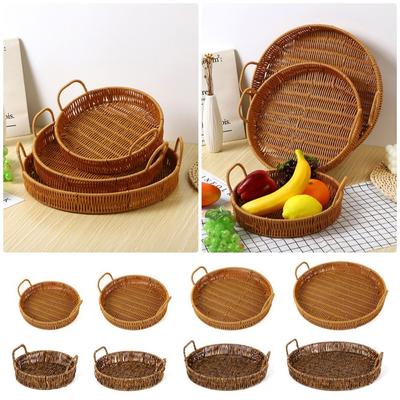 1Pcs Breakfast Bread Food Handwoven Rattan Basket Fruit Vegetable Cake Wicker Round Shape Storage Tray With Handle Food Plate