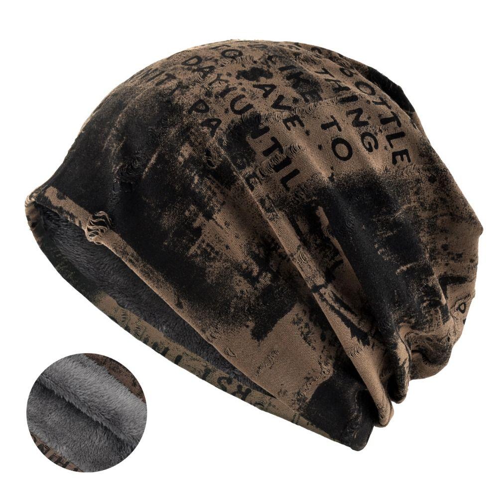 Tie-dye Slouchy Beanie Hat Stretchy Plush Lined Beanie Vintage Letter Print Beanie  For Men Women