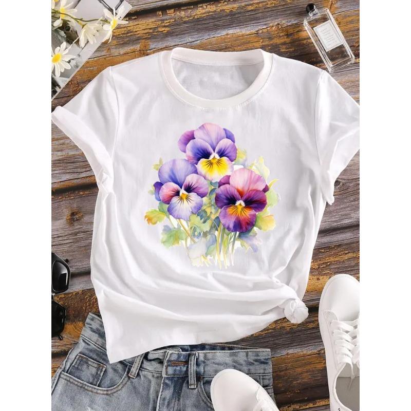 (European Size) 90s Women Flower Watercolor Trend Cute Short Sleeve Fashion Tee Top Clothing Print Lady Casual T-shirt Female Graphic T-shirts