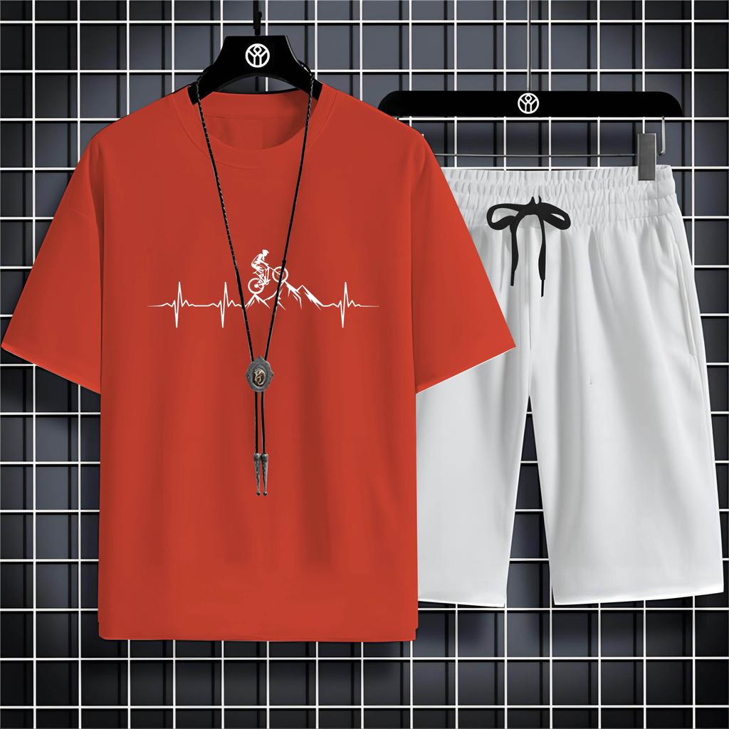 Moda verão esportes ao ar livre estilo 2d desenho animado bicicleta impressão masculina gola redonda camiseta calças conjunto confortável secagem rápida