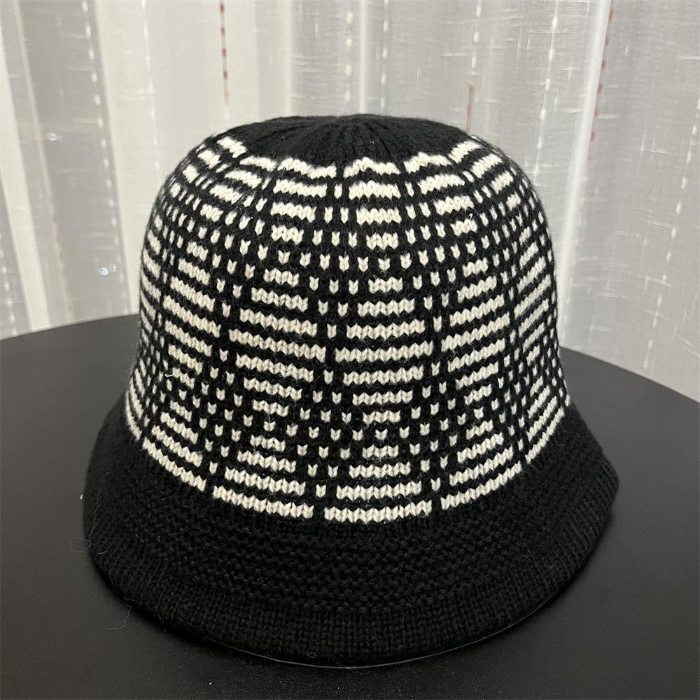 Mixed Color Jacquard Wool Knitted Bucket Hat Women's New Face Small Autumn and Winter Basin Hat Bucket Hat Tide