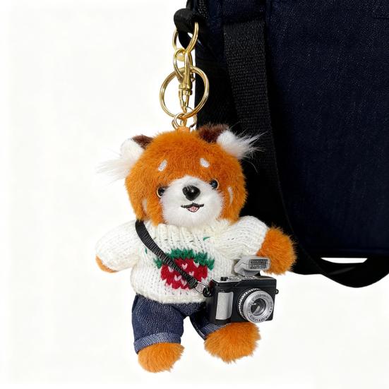 Cartoon Red Panda Plush Keychain Stuffed Red Panda Wearing Sweater Bag Charm with Mini Camera for Backpack Handbag Car Key Accessories