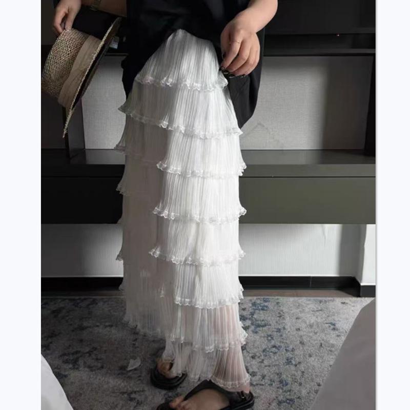 Spring 2026 Korean Lace Pleated Gauze A-line Skirt – White