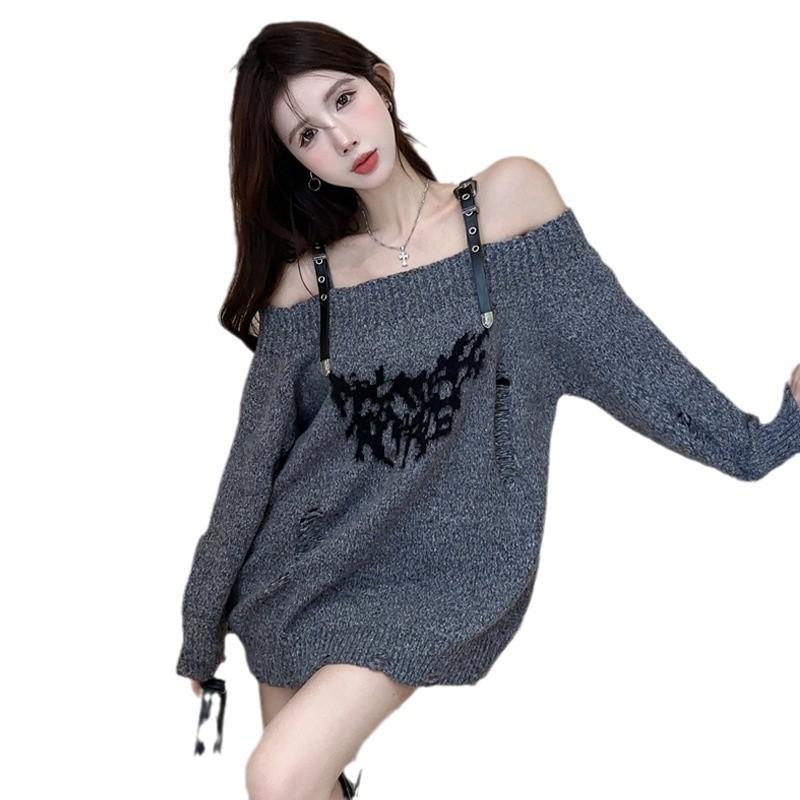 Retro Hot Girl Belt Button Hole Lazy Loose Knitted Sweater for Women