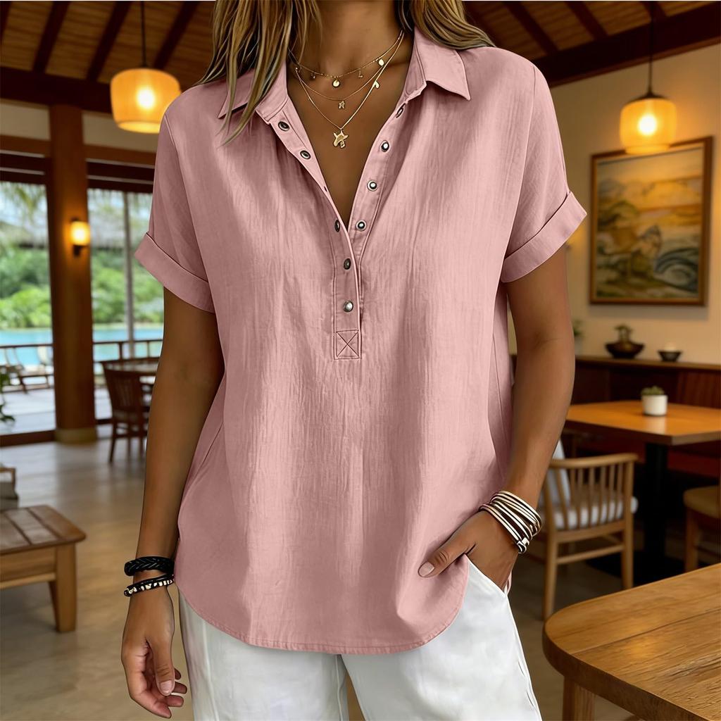 Womens Loose Fit V Neck Blouse Casual Cotton Linen Short Sleeve Shirt Button Down Lightweight Top for Daily Wear