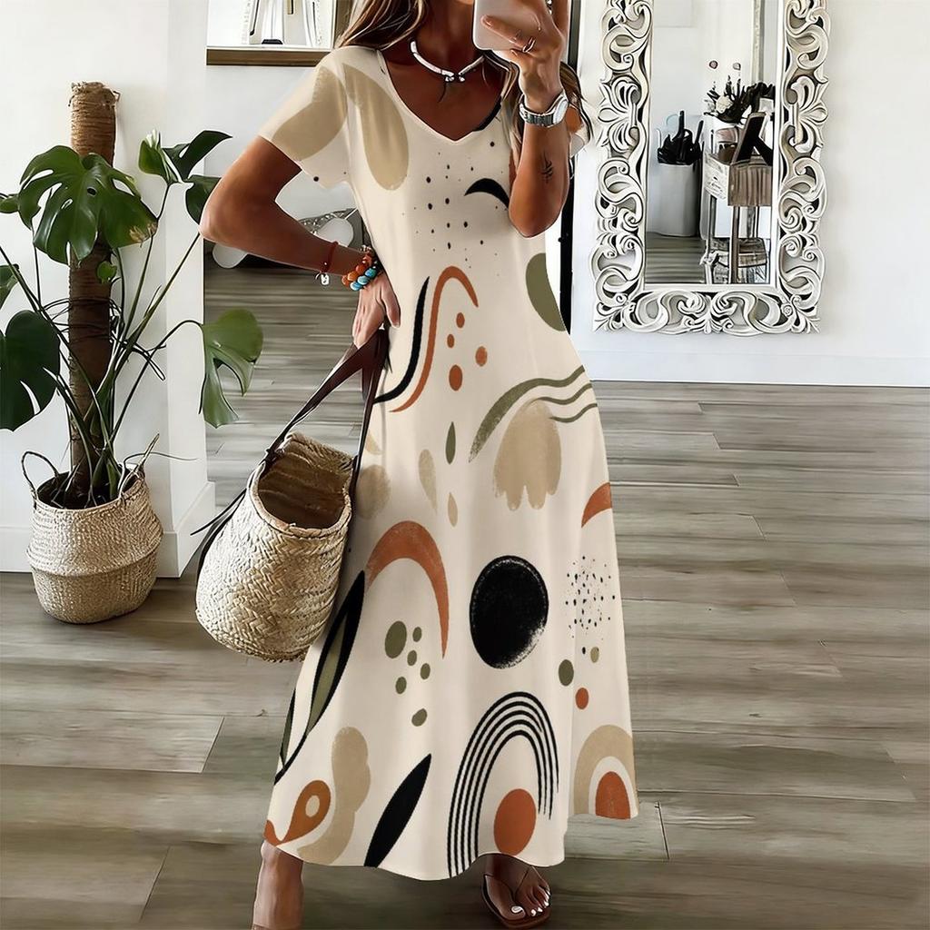 Women Plus Size V Neck Short Sleeve Printed White Straight Maxi Dress