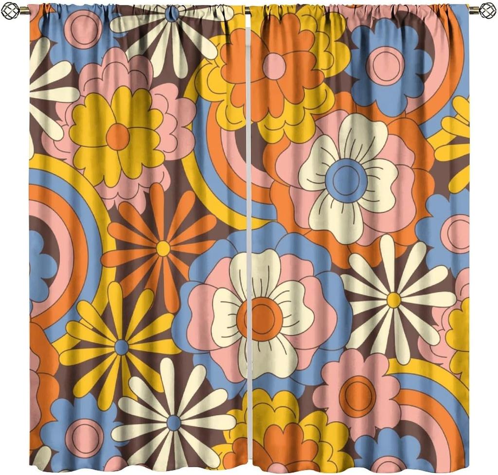 70S Flowers Curta Retro Colors Floral Groovy Vintage Colorful Blackout Window Drapes For Bedroom Living Room Kitchen Cafe