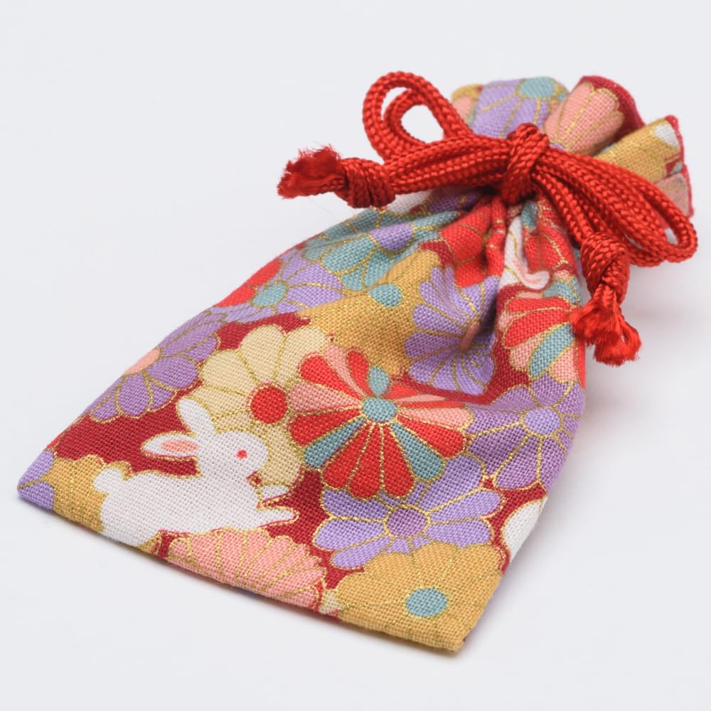 Hiranoya Amulet Drawstring Bag, Power Stone, Salt, Dream Rabbit Design, Cute Izumo Taisha Shrine Design [CreamPeachBlack] (Cream) Width 4.8cm, Height