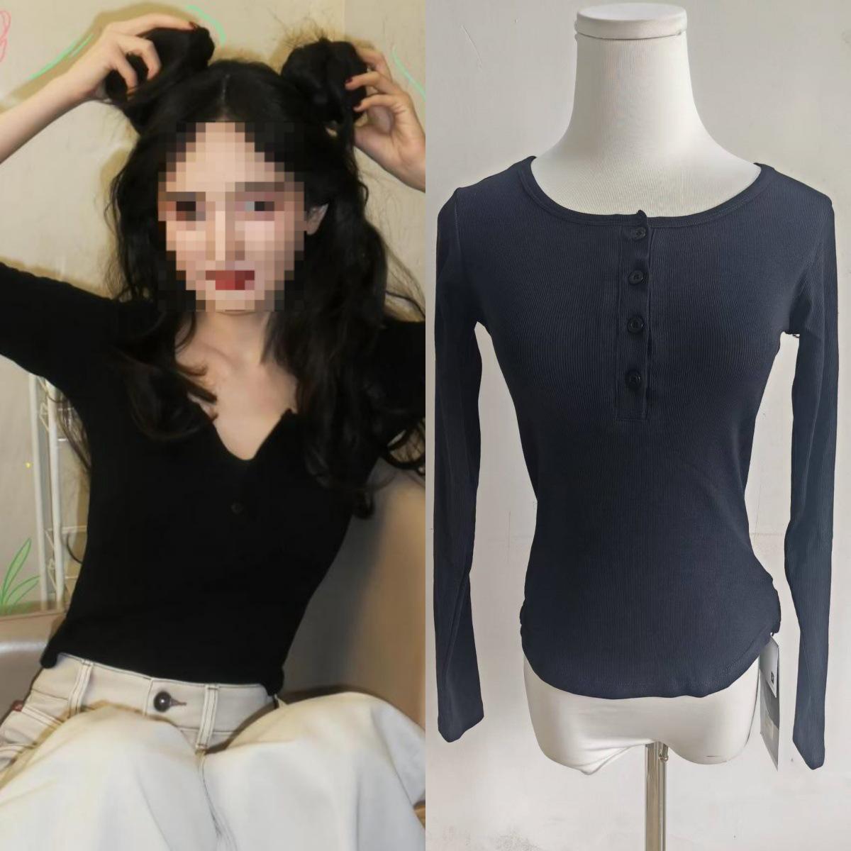 

2026 Spring Yang Mi Style Black V-Neck Slim-Fit Women s Long-Sleeve Casual T-Shirt Large