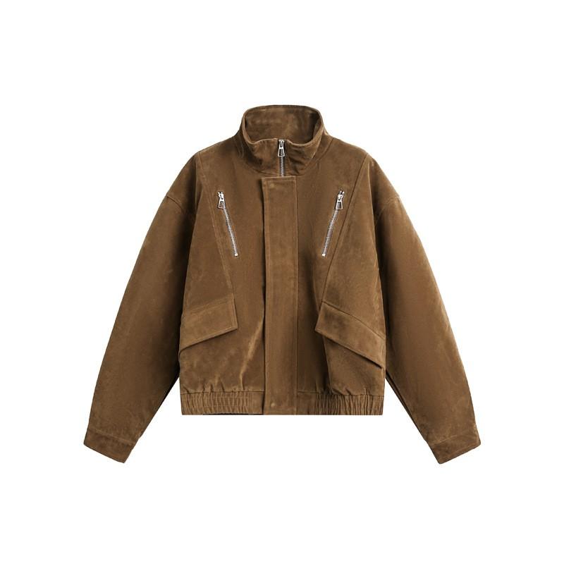 Unisex Suede Fleece Lined Stand Collar Zipper Jacket Streetwear Short Cropped Outerwear Fall