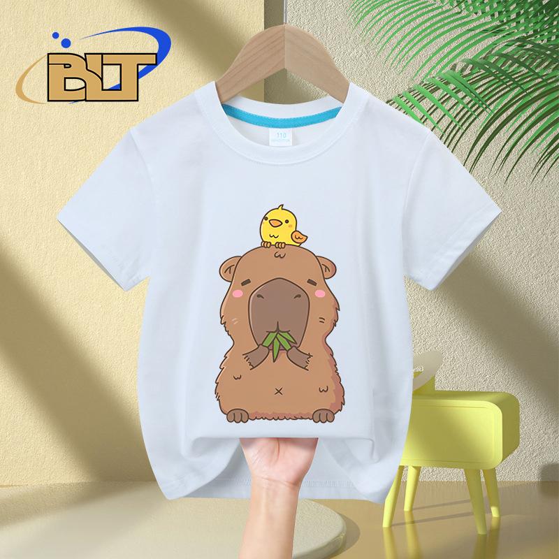 Cute Capybara with Yellow Bird Doodle Cartoon Print Kids T-shirt Summer Children's Cotton Short-sleeved Boys and Girls Suitable