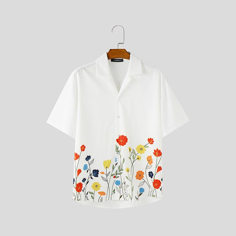 INCERUN Oversized Men Summer Lapel Neck Short Sleeve Floral Print Casual Shirts